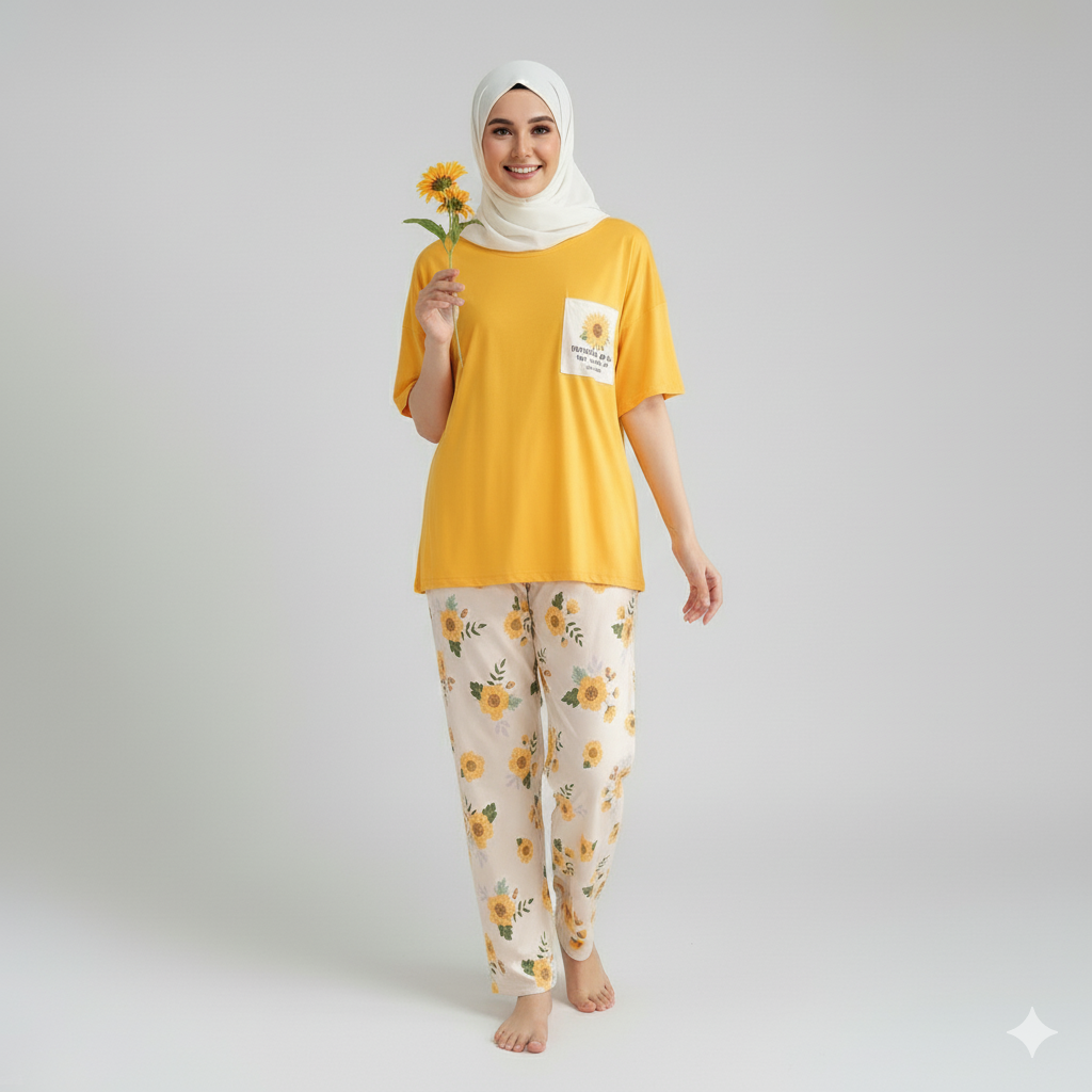 Yellow Flower Printed Pocket Half Sleeves Shirt and White Flower Printed Trouser Night Wear