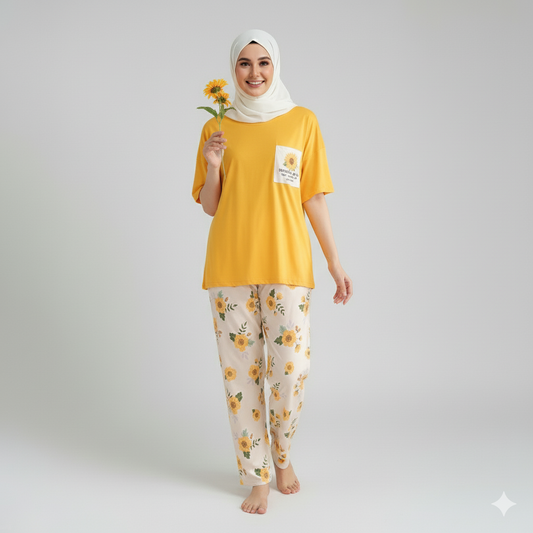 Yellow Flower Printed Pocket Half Sleeves Shirt and White Flower Printed Trouser Night Wear
