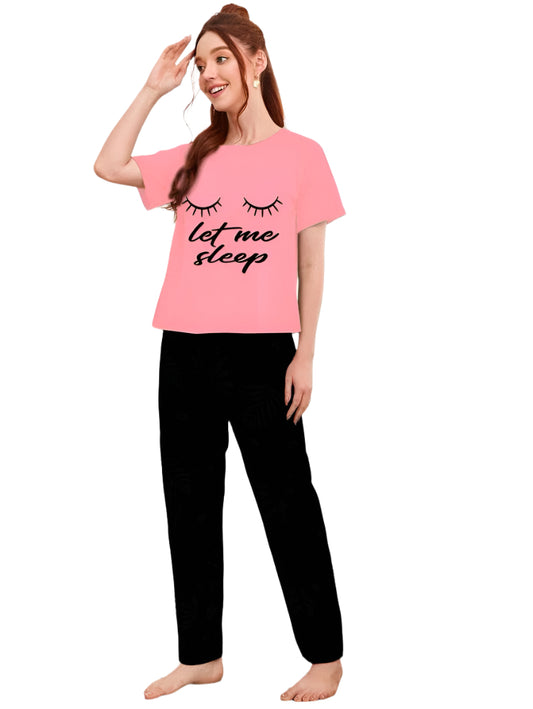 Pink Let Me Printed half shirt with Black Trouser  Nightwear ( PJ'S Night Dress )