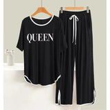 Black QUEEN White  Round Neck Plazzo PJ Set