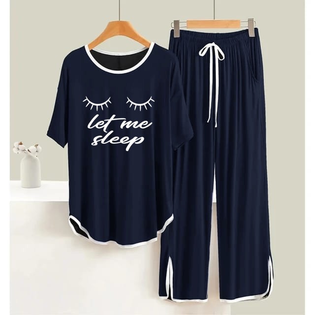 Navy BLUE Let Me Sleep White Border Round Neck Plazzo PJ Set