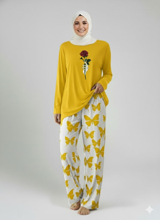 Rose Flower Printed Yellow Shirt With butterfly Printed Trouser
