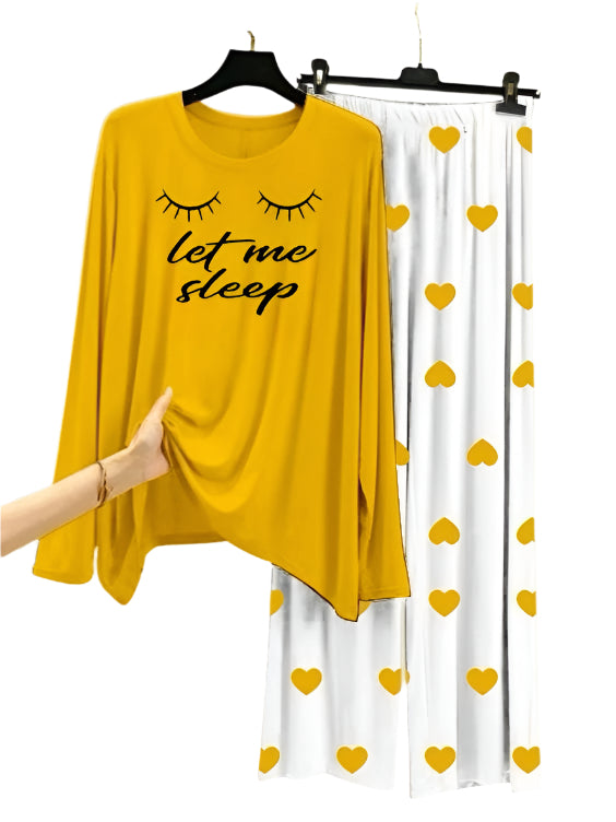 Let Me Sleep Printed Yellow Shirt With Heart Printed Trouser