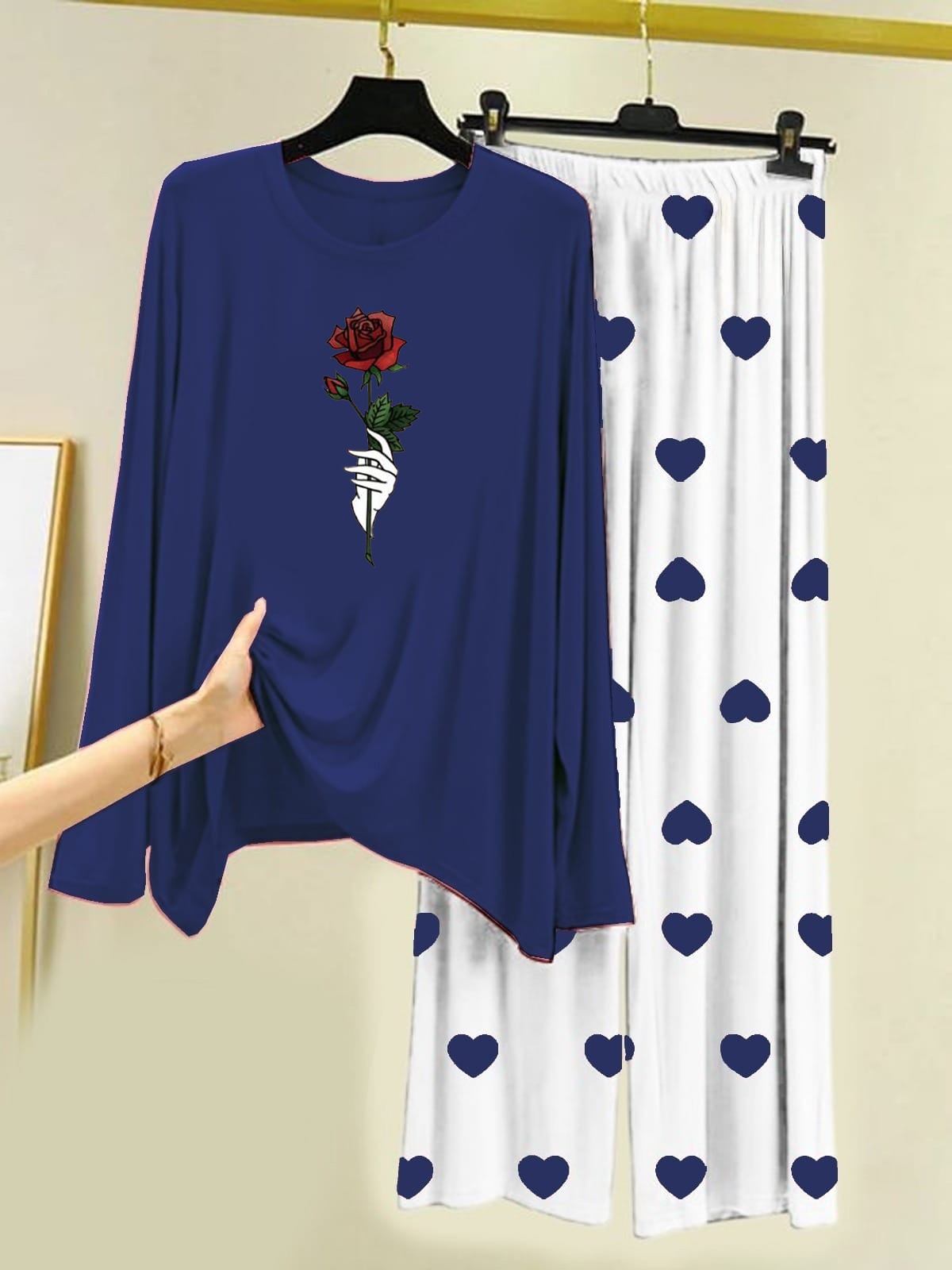 Rose Flower Printer Navy Blue Shirt With Heart Printed Trouser