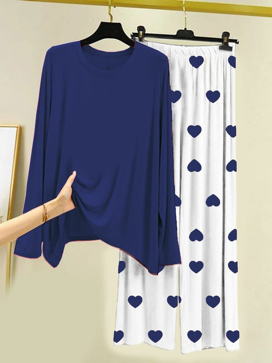 Plain Navy Blue Shirt With Heart Printed Trouser