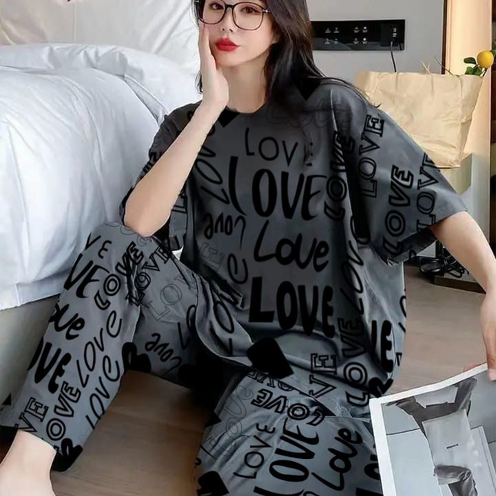 Gray Dress Love Pattern 2PC Nightwear