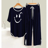 Navy BLUE SMILE White Border Round Neck Plazzo PJ Set