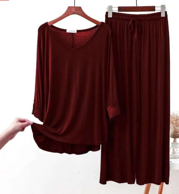 Plain Maroon V Neck Palazzo Style Pajama Full Sleeves