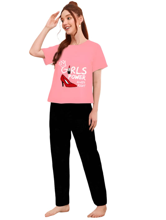 Pink Girls Power Printed half shirt with Black Trouser  Nightwear ( PJ'S Night Dress )