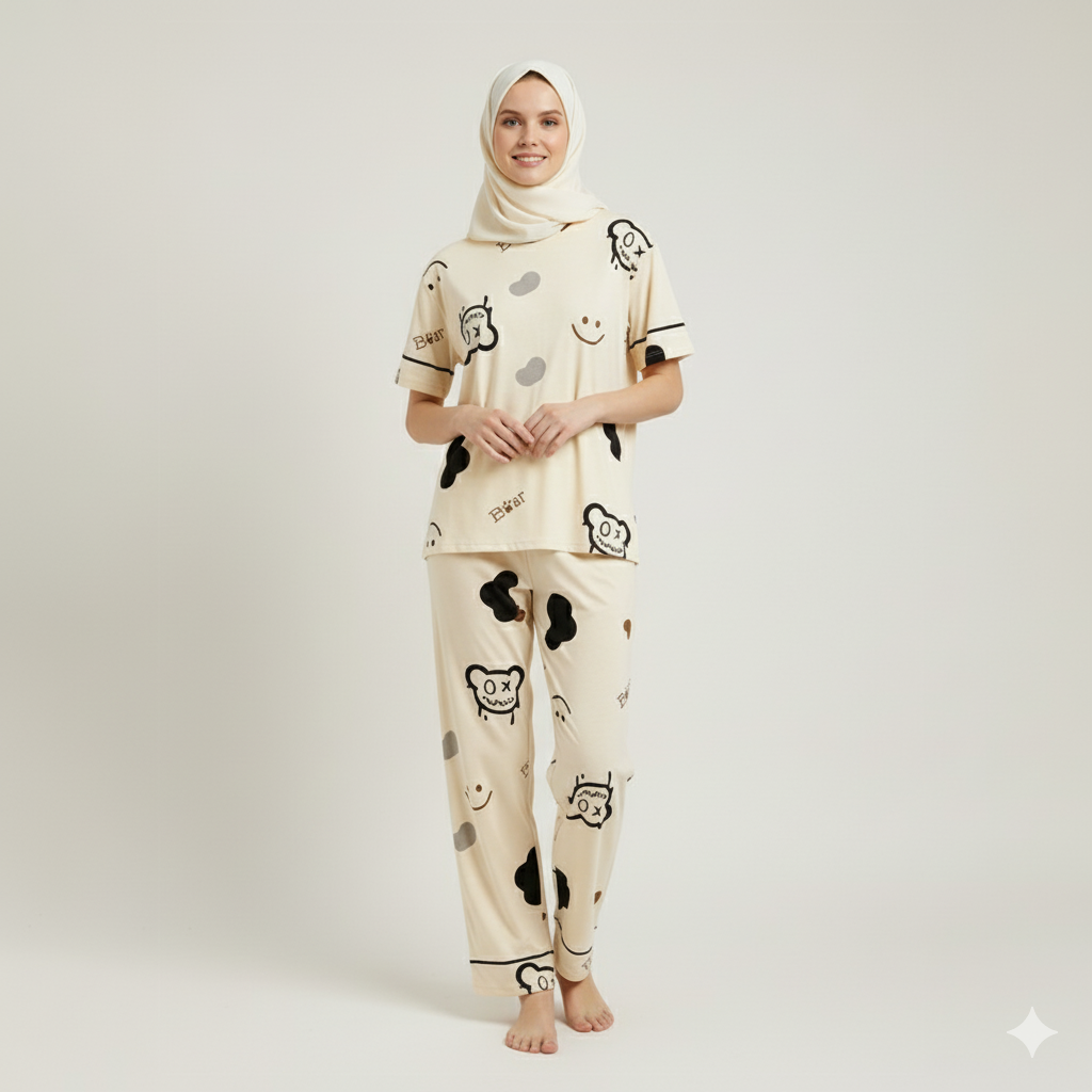 Off white bear printed ladies night suit fabric soft cotton jersey