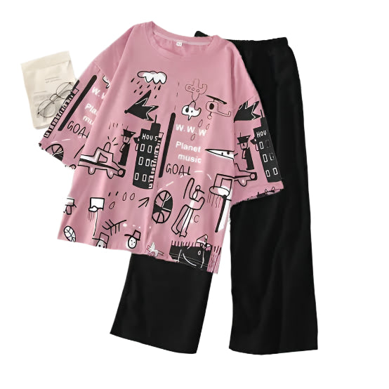 Pink Multicolor Painted Half sleeve ( PJ'S Night Dress )