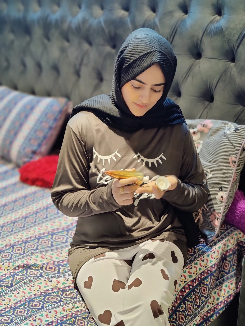 Let Me Sleep  Printed Brown Shirt  With Heart Printed Trouser