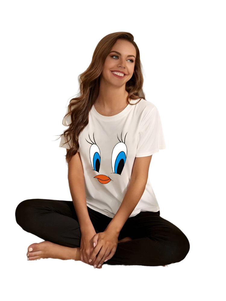 White Daffy Duck Printed half shirt with Black Trouser  Nightwear ( PJ'S Night Dress )