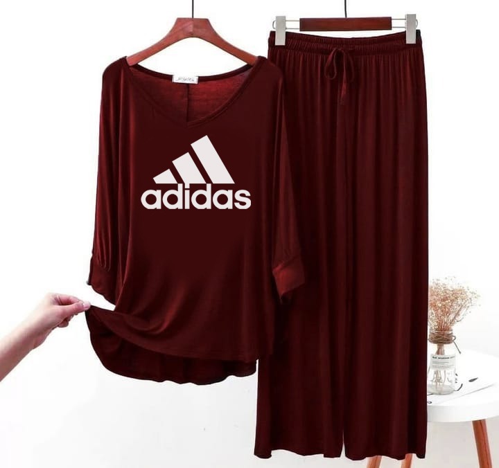 (Line) ADIDAS Logo Printed  Maroon Full Sleeves Top & Palazzo