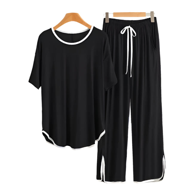 Plain  Black  White Round Neck Plazzo PJ Set