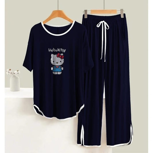 Navy BLUE Hello Kitty Printed White Round Neck Palazzo PJ Set