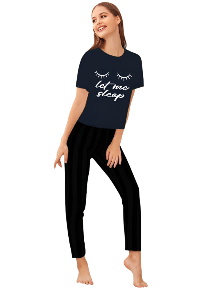 Navy Blue Let Me Sleep Printed half shirt with Black Trouser  Nightwear ( PJ'S Night Dress )