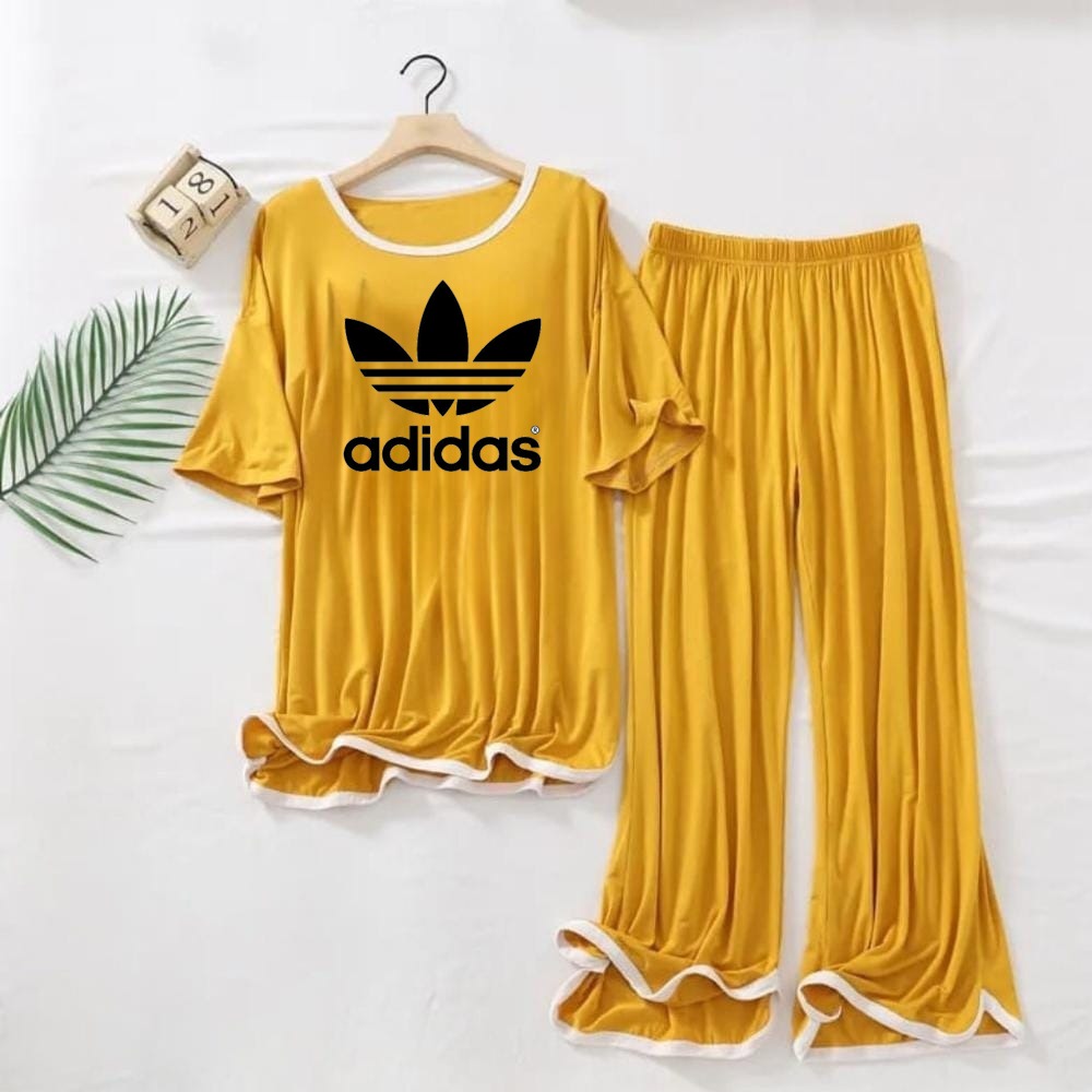 (FLOWER )ADIDAS   Logo Printed  Yellow White Border Top & Palazzo