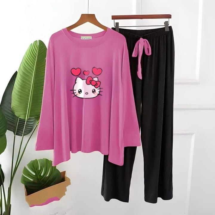 Pink with Black  Kitty Palazzo style night Dress