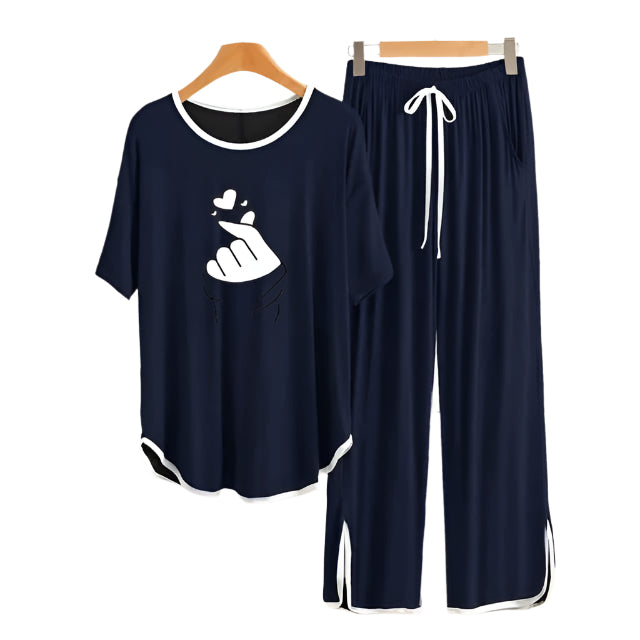 Navy BLUE Finger Love White Border Round Neck Plazzo PJ Set