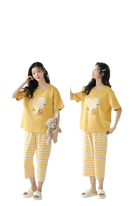 Cute Bear & Heart Painted Yellow ( PJ'S Night Dress )