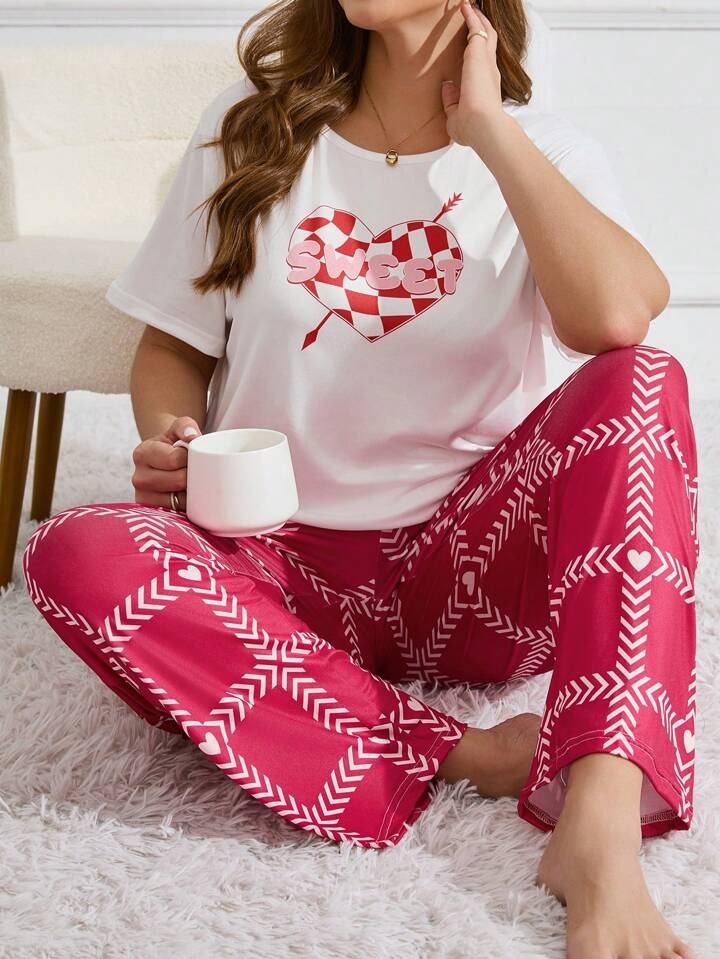 Heart Letter Arrow Print Pajama Set white with pink  ( PJ'S Night Dress )