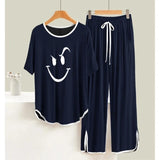 Navy BLUE SMILE White Border Round Neck Plazzo PJ Set