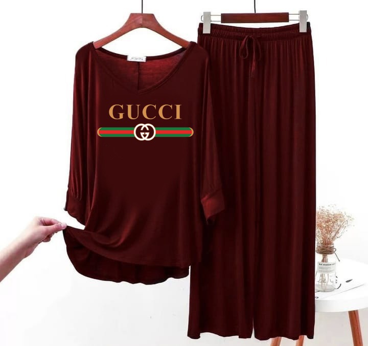 GUCCI Logo Printed  Maroon Full Sleeves Top & Palazzo