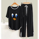 Black Daffy Duck White  Round Neck Plazzo PJ Set