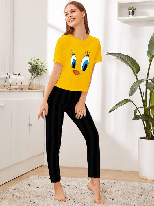 Yellow Daffy Duck Printed half shirt with Black Trouser  Nightwear ( PJ'S Night Dress )