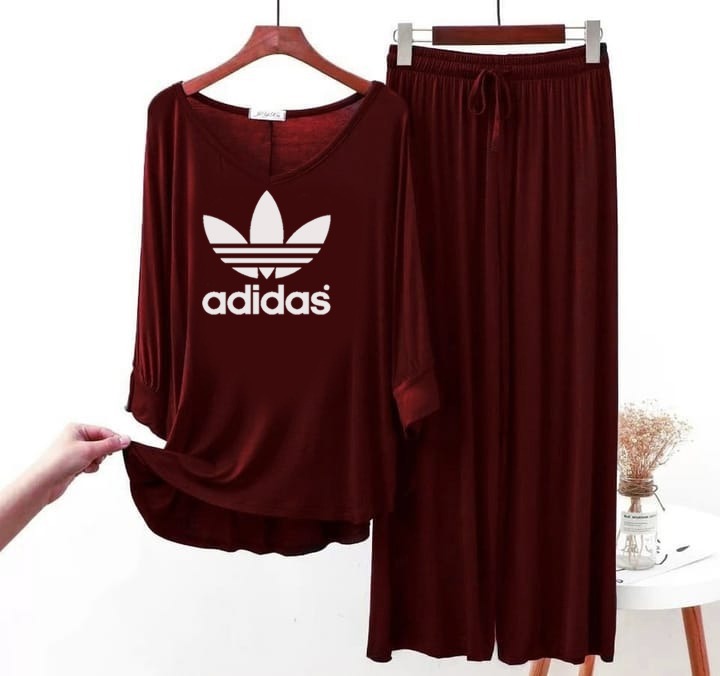 (Flower) ADIDAS Logo Printed  Maroon Full Sleeves Top & Palazzo