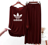 (Flower) ADIDAS Logo Printed  Maroon Full Sleeves Top & Palazzo