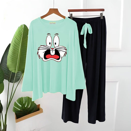 Sea Green With Black Bug's Bunny Full Sleeve Printed Flapper Style Dress