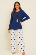 Rose Flower Printer Navy Blue Shirt With Heart Printed Trouser