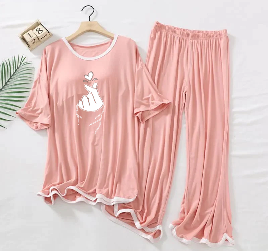 Peach Pink Finger Love Half Sleeves Plazzo PJ Set