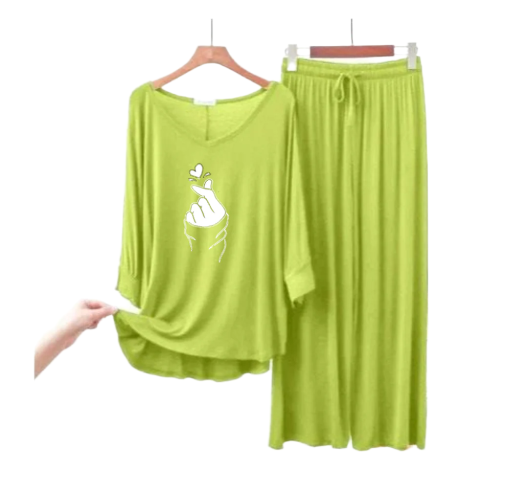 Lemon Green Finger Love V-Neck Women Night Suit PJ Set