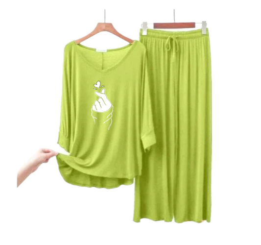 Lemon Green Finger Love V-Neck Women Night Suit PJ Set