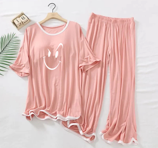 Peach Pink Smiley Face Half Sleeves Plazzo PJ Set