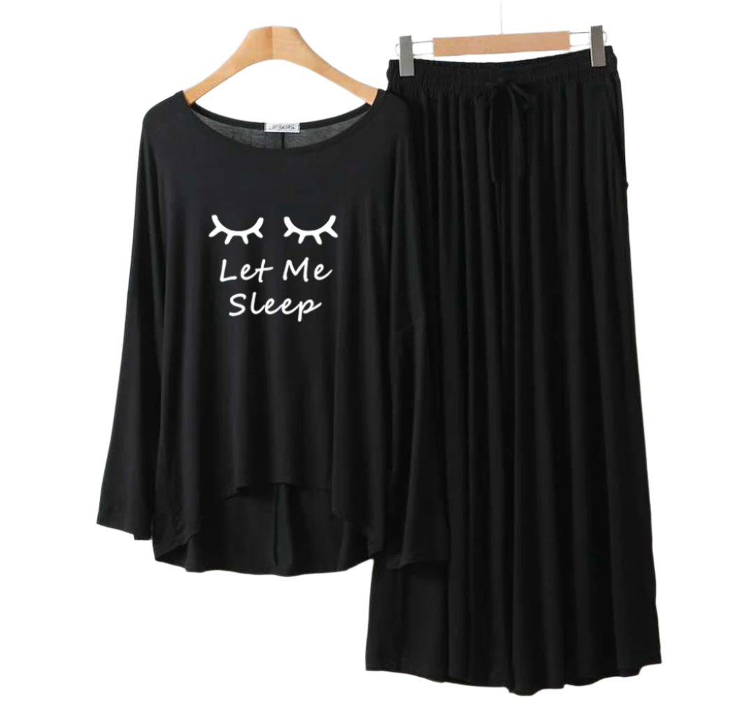 Deep Black let me sleep Round Neck Plazzo PJ Set