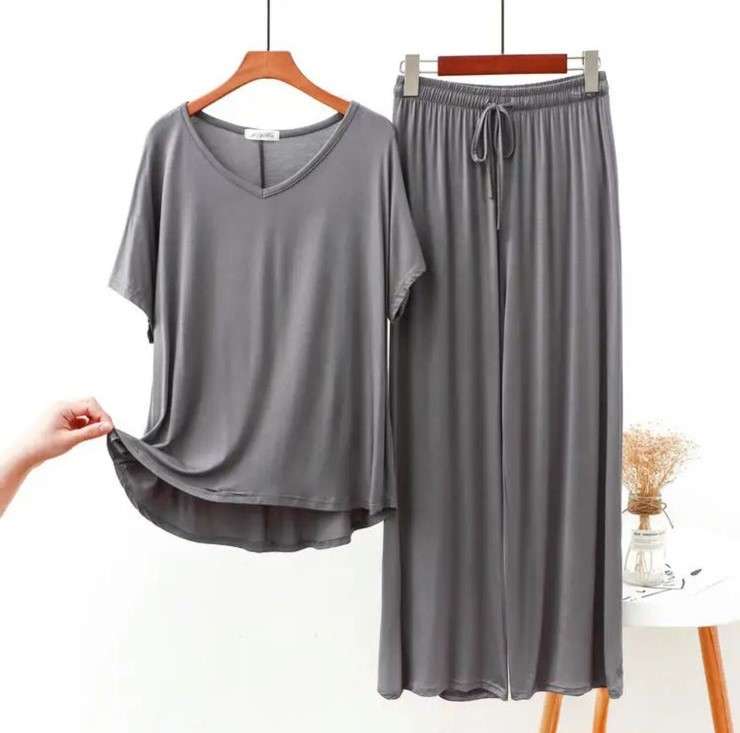 Plain  Grey V Neck Half Sleeves Shirt With Plazzo Trouser