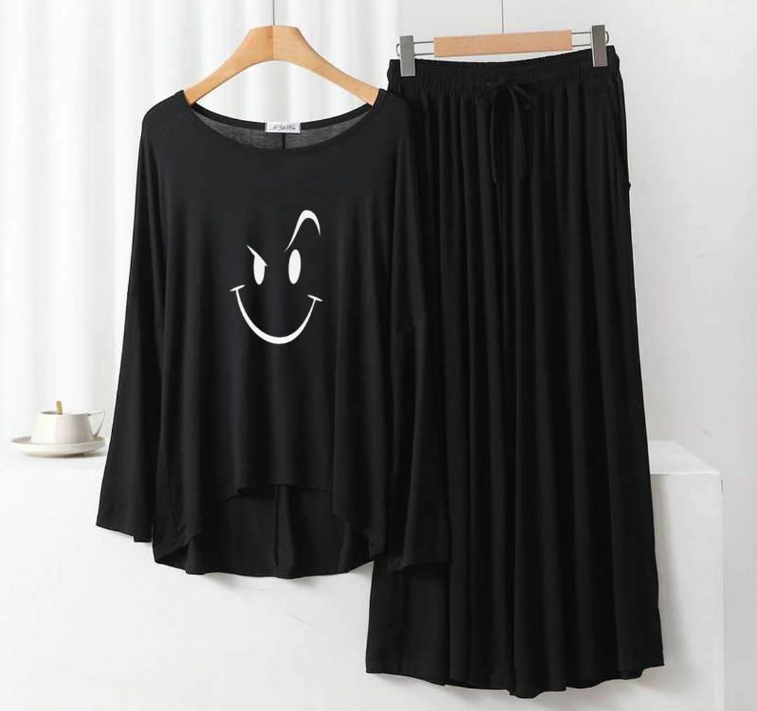 Deep Black Smiley Face Round Neck Plazzo PJ Set