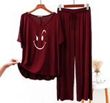 Maroon Smiley Face V-Neck Women Night Suit PJ Set