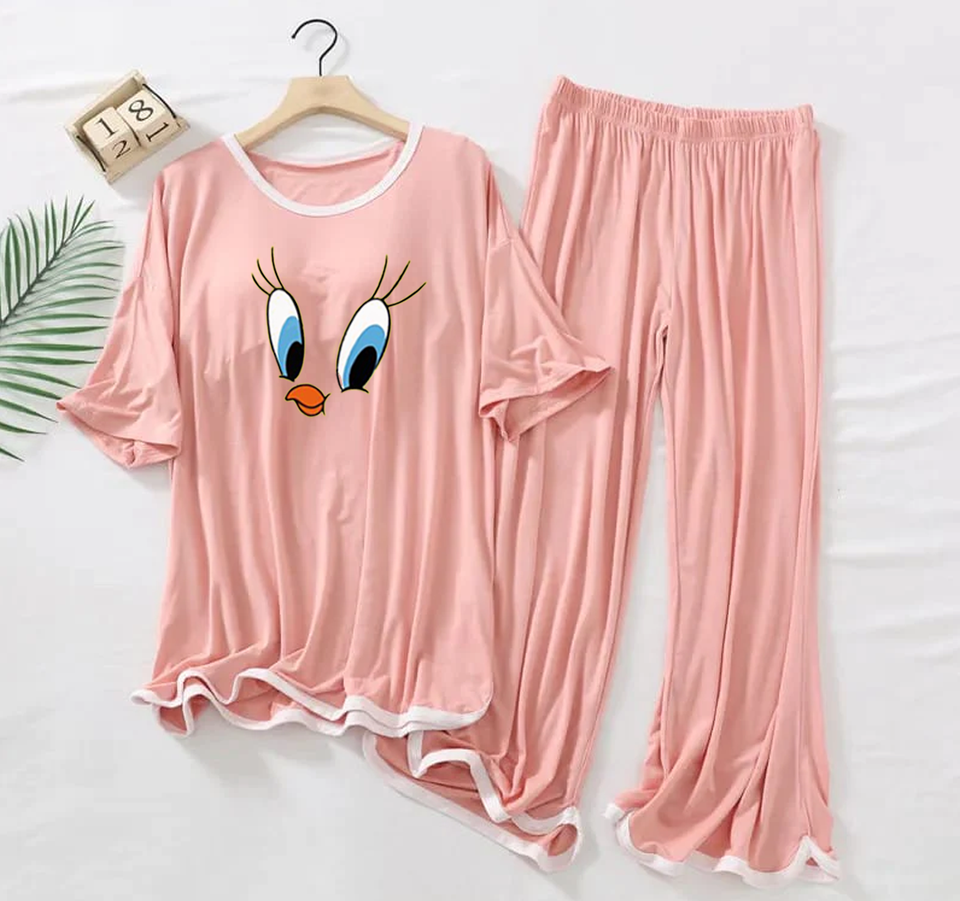 Peach Pink Daffy Duck Half Sleeves Plazzo PJ Set