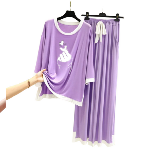 Purple Finger Love White Round Neck Plazzo PJ Set