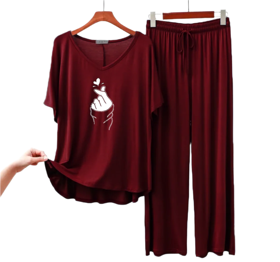 Maroon Finger Love V-Neck Women ( Shirt & Palazzo )