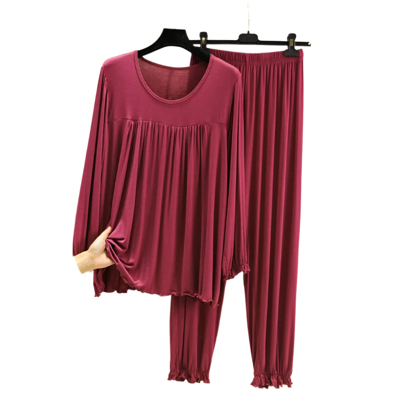 Maroon Round Neck Frill Style T Shirt with Palazzo Style Pajama Full Sleeves Suit