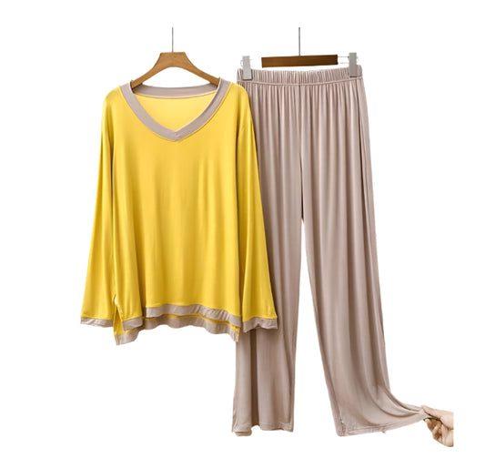 Plain Yellow with Skin V Neck & Skin  Palazzo Pajama