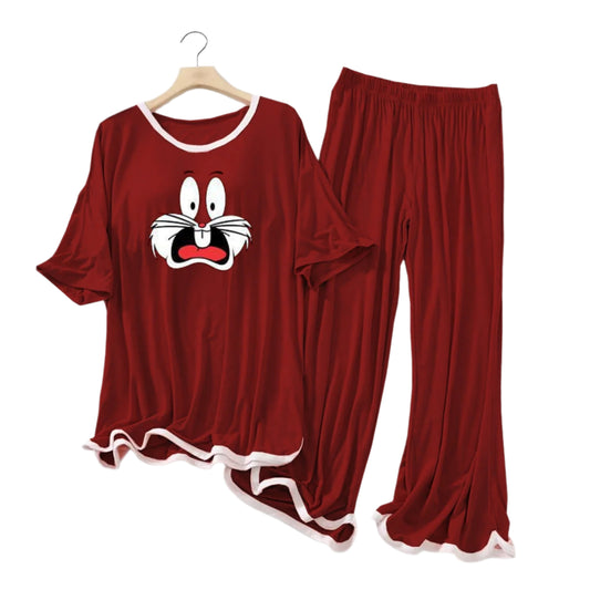 Maroon White Border Bugs Bunny Printed Flapper Style Dress